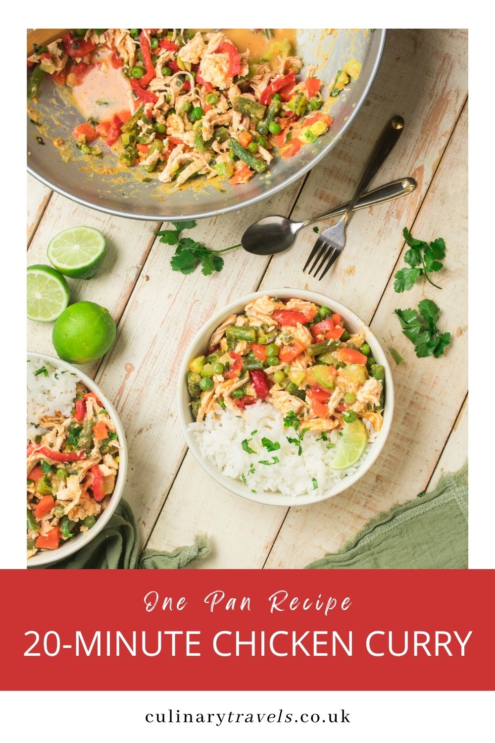 Pinterest graphic for a one-pan 20-minute chicken curry, showing curry served with jasmine rice, lime and coriander.